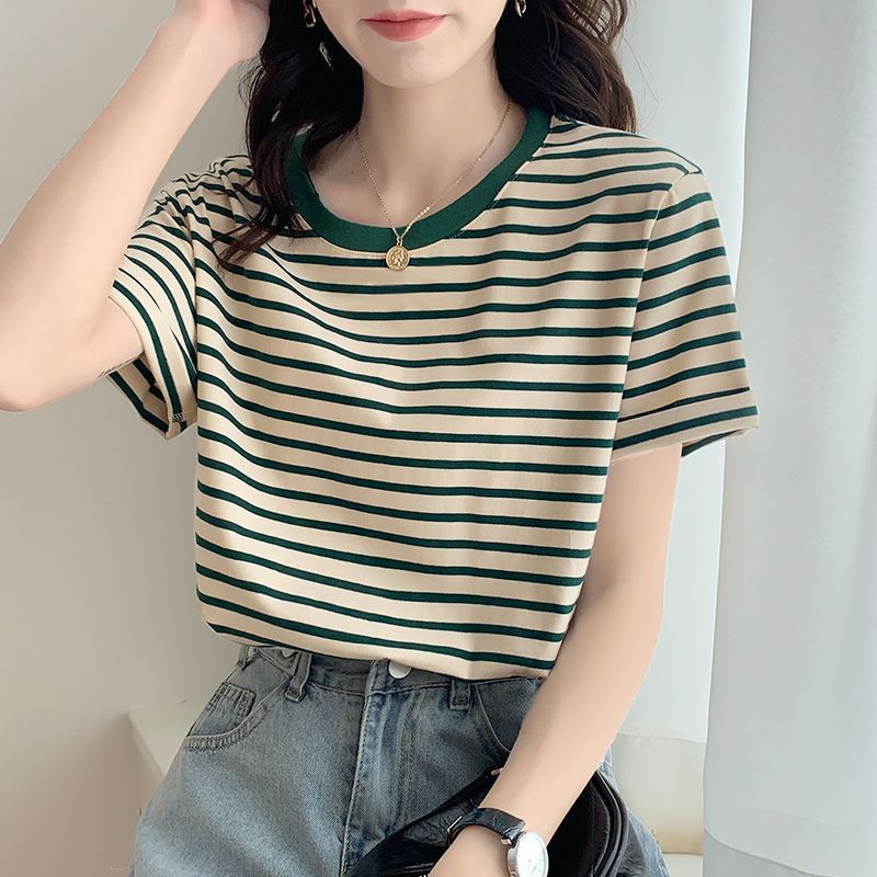Round Neck Short-Sleeved T-Shirt For Women Summer Loose And Versatile Student 2023 New Design Green Stripesd T-Shirt Top - Image 2