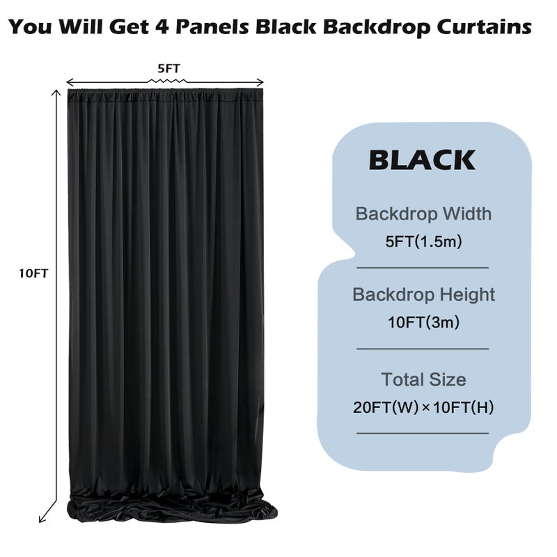 NSSONBEN 20ft x 10ft Wrinkle Free Black Backdrop Curtain for Parties Weddings, 4 Panels Silk Polyester Black Drapes for Backdrop 10 ft Photo Back Drop Cloth for Birthday Graduation Photography Background - Image 2