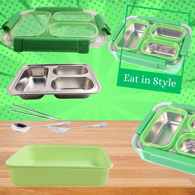 PLUSPOINT Stainless Steel Lunch Box Leak Proof Insulated Air Tight Lunch Box and Portable Utensils, Stainless Steel Lunch Containers, Leak Proof Bento Box for Kids, Adults, Men Women (New Green) - Image 2