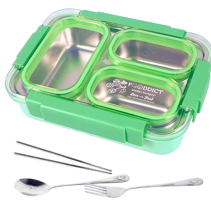 PLUSPOINT Stainless Steel Lunch Box Leak Proof Insulated Air Tight Lunch Box and Portable Utensils, Stainless Steel Lunch Containers, Leak Proof Bento Box for Kids, Adults, Men Women (New Green) - Image 1