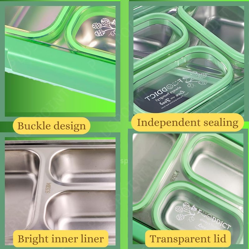 PLUSPOINT Stainless Steel Lunch Box Leak Proof Insulated Air Tight Lunch Box and Portable Utensils, Stainless Steel Lunch Containers, Leak Proof Bento Box for Kids, Adults, Men Women (New Green) - Image 3
