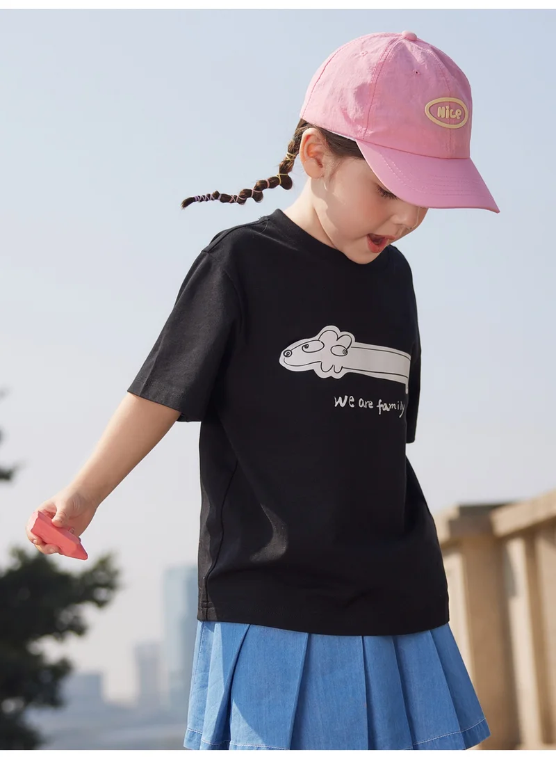 mini bala Unisex Kid Premium Soft Short - Sleeve T - Shirt, Breathable, Comfortable, Cartoon Dog Print & "We are family" Lettering Detail, Heartwarming, Versatile for Daily Wear, Family Outings Children's Casual Essential Top