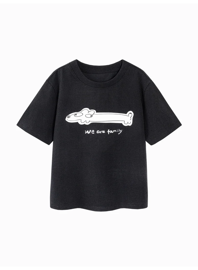 mini bala Unisex Kid Premium Soft Short - Sleeve T - Shirt, Breathable, Comfortable, Cartoon Dog Print & "We are family" Lettering Detail, Heartwarming, Versatile for Daily Wear, Family Outings Children's Casual Essential Top