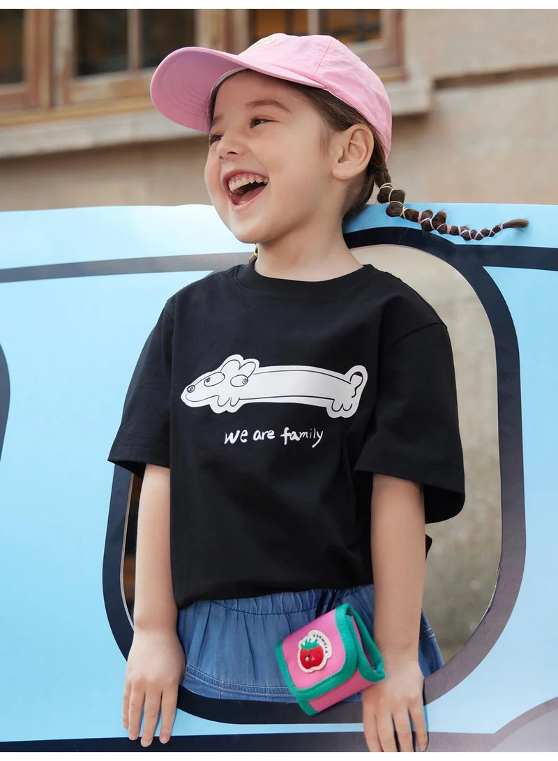 mini bala Unisex Kid Premium Soft Short - Sleeve T - Shirt, Breathable, Comfortable, Cartoon Dog Print & "We are family" Lettering Detail, Heartwarming, Versatile for Daily Wear, Family Outings Children's Casual Essential Top