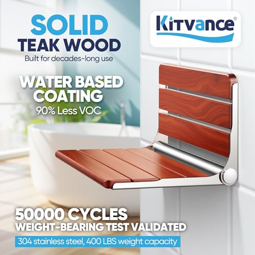 Durtschi [Upgraded Version] 18" ADA Compliant Folding Teak Shower Seat Wall Mounted-Folding Shower Bench, Folding Shower Seat for Inside Shower, Teak Foldable Shower Chair, Fold Down Shower Seat, Max 400lbs - Image 2