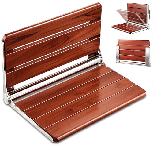 Durtschi [Upgraded Version] 18" ADA Compliant Folding Teak Shower Seat Wall Mounted-Folding Shower Bench, Folding Shower Seat for Inside Shower, Teak Foldable Shower Chair, Fold Down Shower Seat, Max 400lbs - Image 1