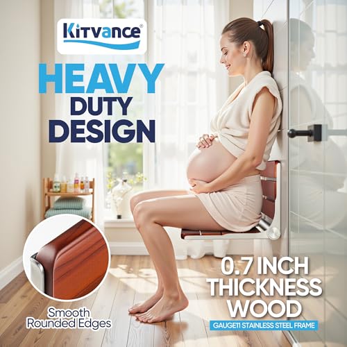 Durtschi [Upgraded Version] 18" ADA Compliant Folding Teak Shower Seat Wall Mounted-Folding Shower Bench, Folding Shower Seat for Inside Shower, Teak Foldable Shower Chair, Fold Down Shower Seat, Max 400lbs - Image 4