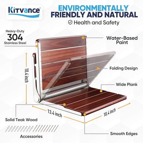 Durtschi [Upgraded Version] 18" ADA Compliant Folding Teak Shower Seat Wall Mounted-Folding Shower Bench, Folding Shower Seat for Inside Shower, Teak Foldable Shower Chair, Fold Down Shower Seat, Max 400lbs - Image 5