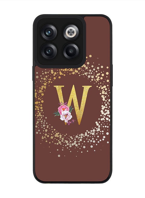 Rugged Black edge case for OnePlus 10T Slim fit Soft Case Flexible Rubber Edges TPU Gel Thin Cover - Custom Monogram Initial Letter Floral Pattern Alphabet - W (Brown)
