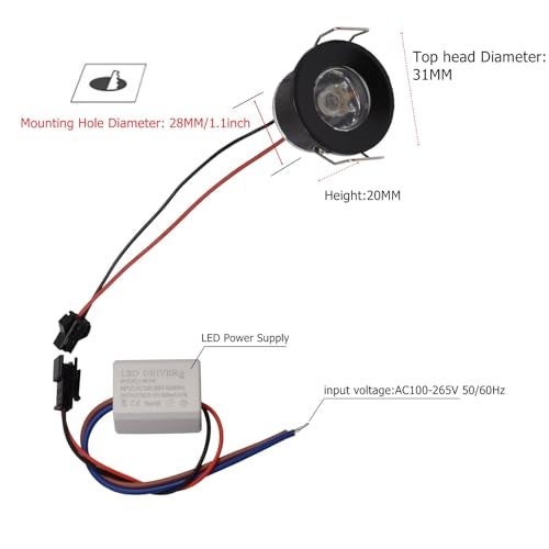 Scpopfer 2Pack 1W Mini Spotlights Indoor 1 Inch Recessed Showcase Display Under-Cabinet LED Lights Fixture with AC 110V/220V to 3-12V Power Supply LED Driver 3000K Warm-White Lighting Black Shell - Image 4