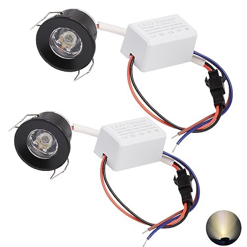 Scpopfer 2Pack 1W Mini Spotlights Indoor 1 Inch Recessed Showcase Display Under-Cabinet LED Lights Fixture with AC 110V/220V to 3-12V Power Supply LED Driver 3000K Warm-White Lighting Black Shell - Image 1