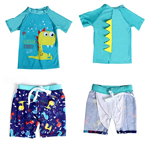 YAGATA Toddler Swimsuit Boy Cute Dinosaur Swimsuits Short Sleeve Boys Swim Trunks & Shirt Set Blue 5-6 Years 10 - Image 3