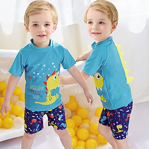 YAGATA Toddler Swimsuit Boy Cute Dinosaur Swimsuits Short Sleeve Boys Swim Trunks & Shirt Set Blue 5-6 Years 10 - Image 2
