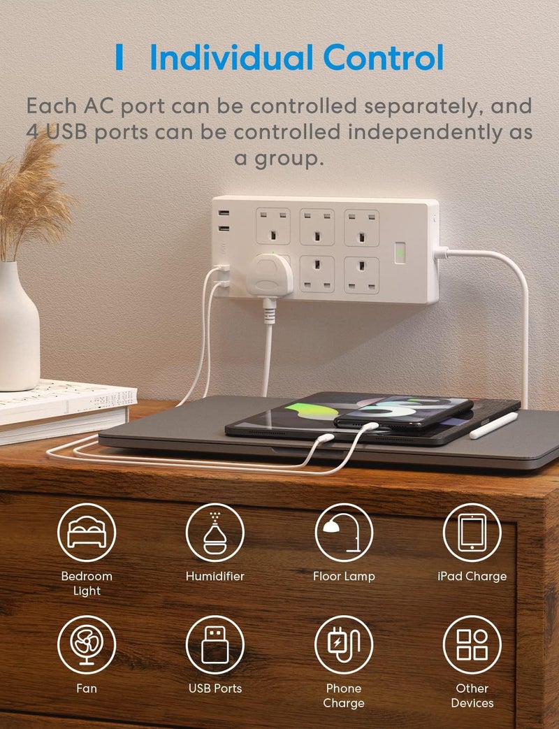 Meross Smart Power Strip, 6 AC Outlets 4 USB Ports WIFI Extension Lead, Compatible with Apple Homekit SmartThings Alexa Google Home, Voice/Remote Control Surge Protector, 2.4GHz WiFi, 6ft Cord Long - Image 5