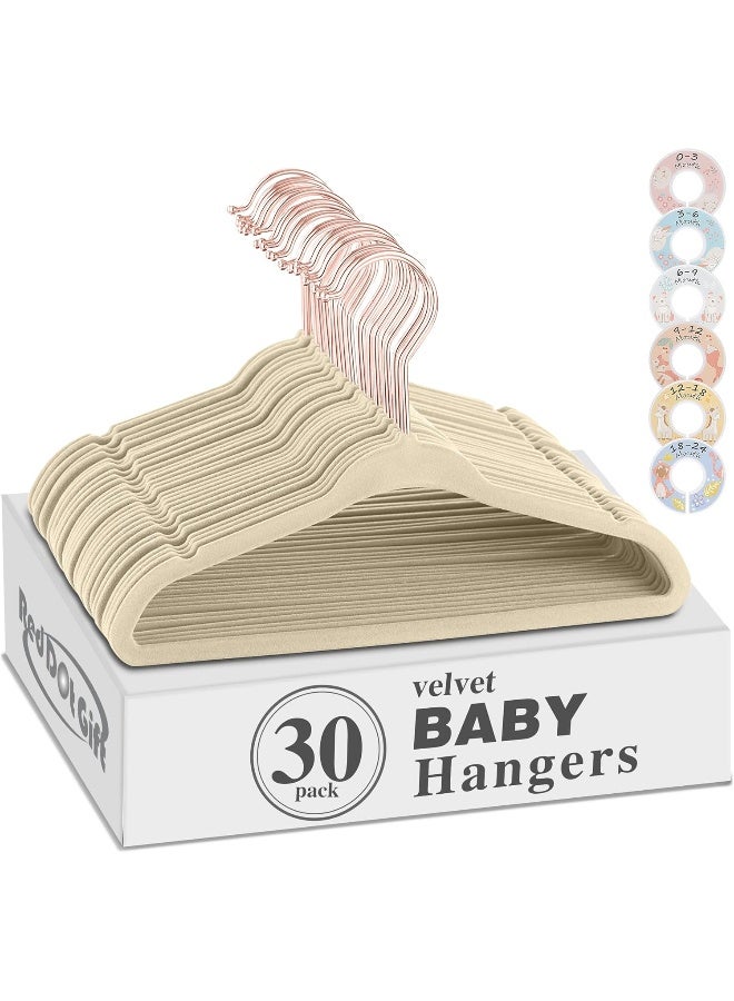 Red Dot Gift 30-Pack Baby Velvet Hangers 11Inch - Nursery Clothes Hangers Non Slip Toddler Hangers, 360 Chrome Rose-Gold Hook with 6 Pieces Baby Clothing Dividers - Image 1