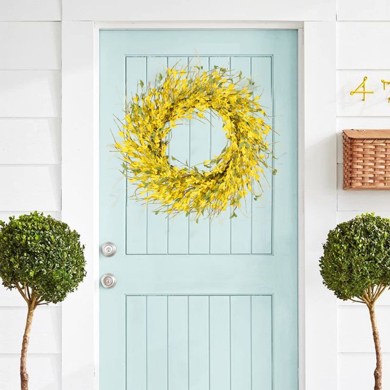 GTIDEA 24" Spring Wreaths for Front Door Artificial Forsythia Flower Wreath on Grapevine Yellow Wreath with Green Leaves Silk Floral Wreath for Home Indoor Wall Window Garden Porch Farmhouse Decor - Image 3