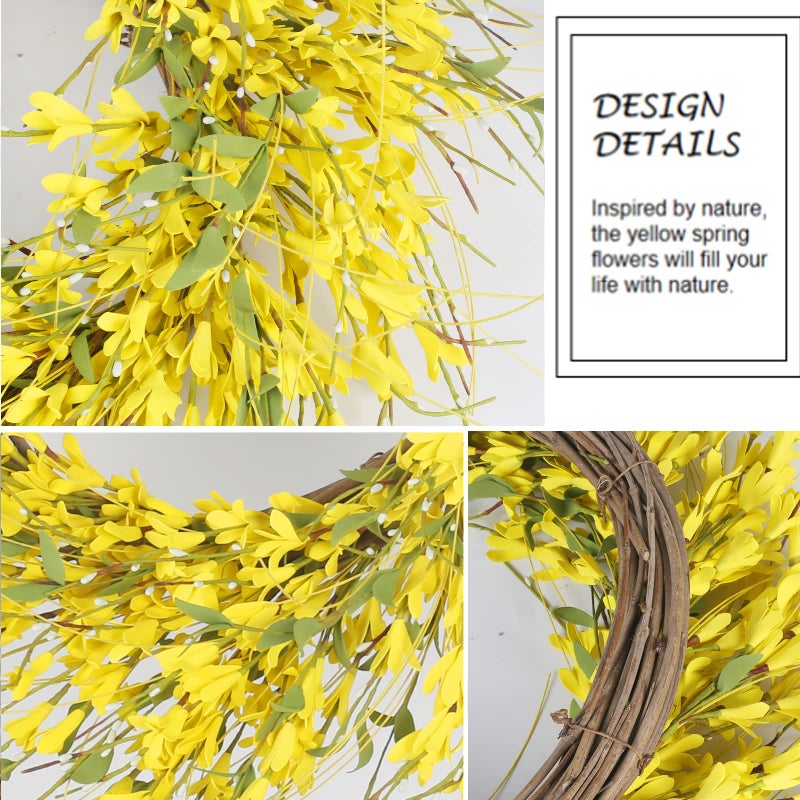 GTIDEA 24" Spring Wreaths for Front Door Artificial Forsythia Flower Wreath on Grapevine Yellow Wreath with Green Leaves Silk Floral Wreath for Home Indoor Wall Window Garden Porch Farmhouse Decor - Image 2