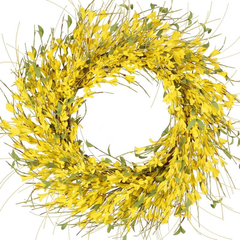 GTIDEA 24" Spring Wreaths for Front Door Artificial Forsythia Flower Wreath on Grapevine Yellow Wreath with Green Leaves Silk Floral Wreath for Home Indoor Wall Window Garden Porch Farmhouse Decor - Image 1