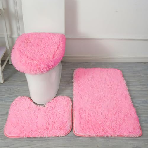 Eanpet Pink Bathroom Rugs Sets 3Piece Bath Mat Solid Bath Rug Floor Mats Washable Shower Rug with U-Shaped Contour Rug Toilet Lid Cover - Image 1