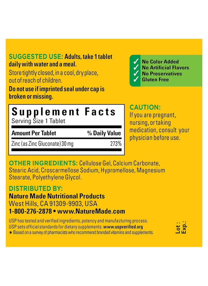 Nature Made - Zinc 30 Mg Dietary Supplement For Immune Health And Antioxidant Support 100 Tablets 100 Day Supply - Image 1