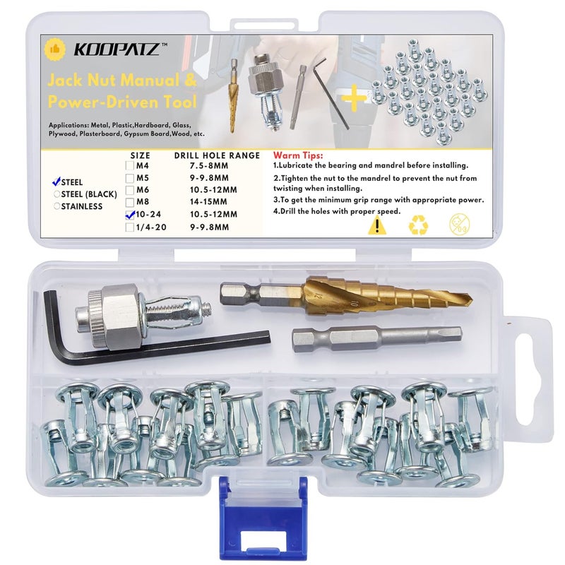 KOOPATZ 10-24 Jack Nut with Installation Tool Kit Threaded Insert Petal Nuts Nutserts Jacknut Srew Anchor Spider Rivnut Blind for Plastic Polywood Pressboard Hardboard - Image 1