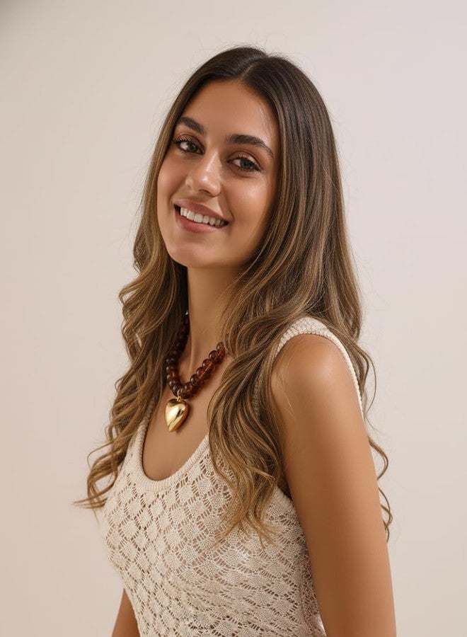FAUTHENTICUTE Amber Beaded Choker Necklace With A Gold Heart Pendant Chunky Heart Statement Necklace For Women - Image 3