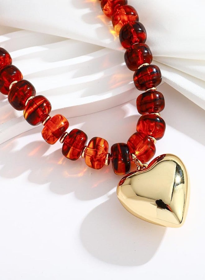FAUTHENTICUTE Amber Beaded Choker Necklace With A Gold Heart Pendant Chunky Heart Statement Necklace For Women - Image 4
