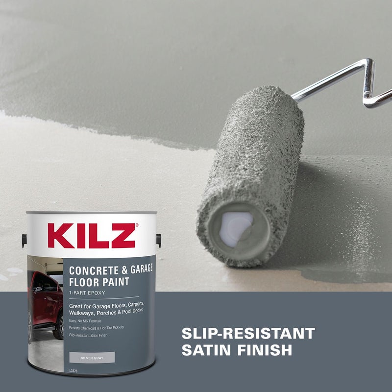 KILZ 1-Part Epoxy Acrylic Concrete and Garage Floor Paint, Interior/Exterior, Satin, Silver Gray, 1 Gallon - Image 4