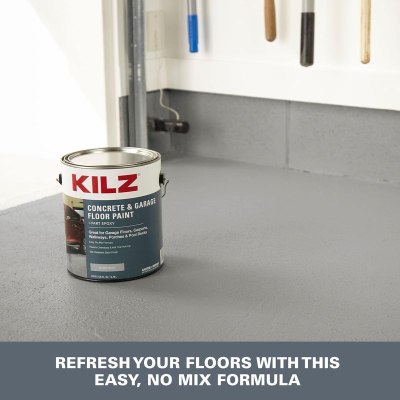 KILZ 1-Part Epoxy Acrylic Concrete and Garage Floor Paint, Interior/Exterior, Satin, Silver Gray, 1 Gallon - Image 2