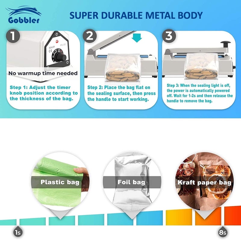 GOBBLER 12" Inch 300mm Impulse Sealer Electric Heat Sealing Machine for Plastic Bags - Durable Metal Body (PFS-300 MT) - Image 2