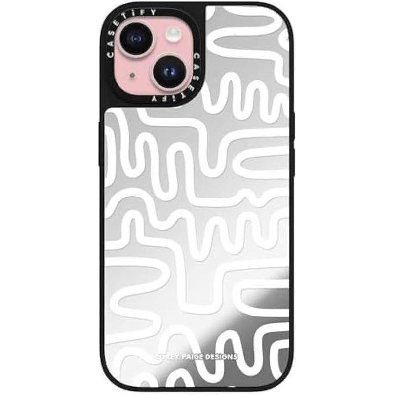 Casetify Mirror iPhone 15 Case 【Reflective / 4.9ft Drop Protection/Compatible with Magsafe】 - White Line Art by Corey Paige Designs - Silver on Black - Image 1