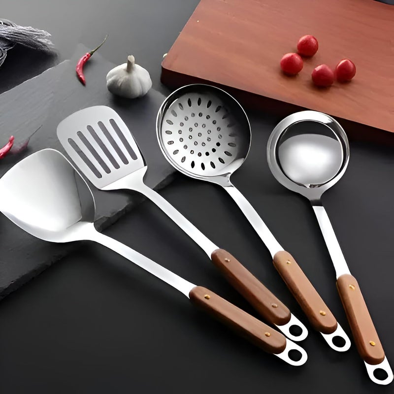 NAIDEV Set of 4 Pcs Kitchen Cooking Stainless Steel Utensils Set Wooden Handle Cooking Tools Gadgets Spatula Set HookShovelSlotted TurnerSlotted SkimmerLadle Set4 - Image 1