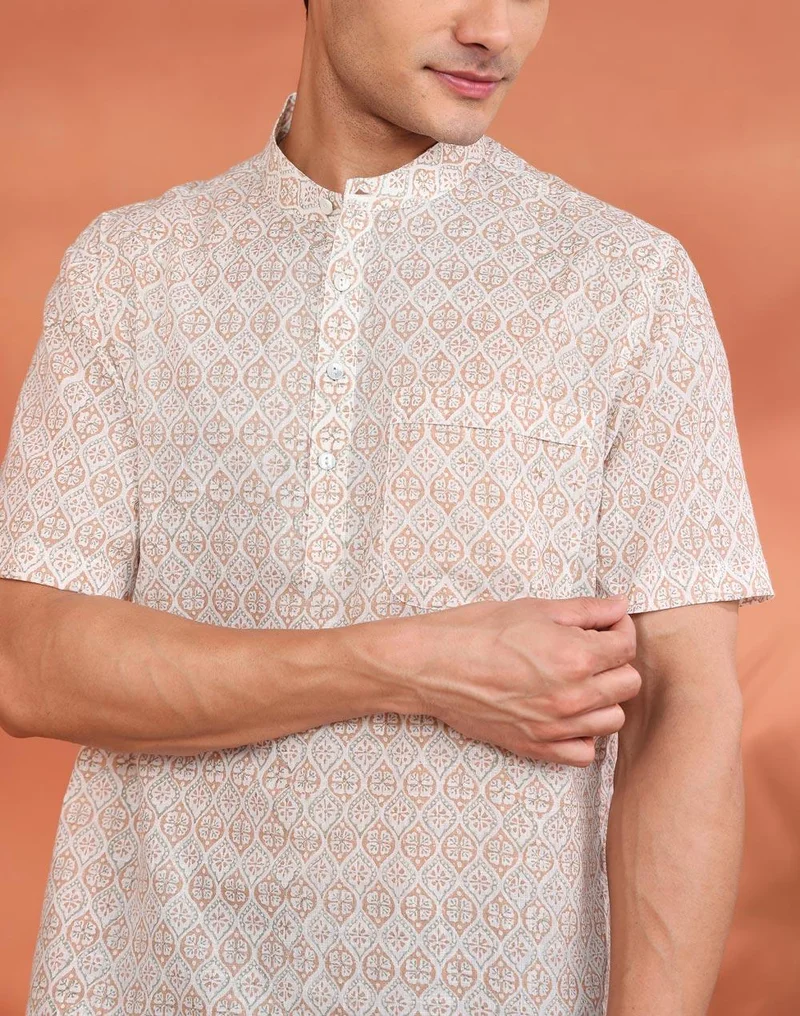Fabindia  White Cotton Hand Block Printed Mid Placket Shirt for Men | Best Price UAE