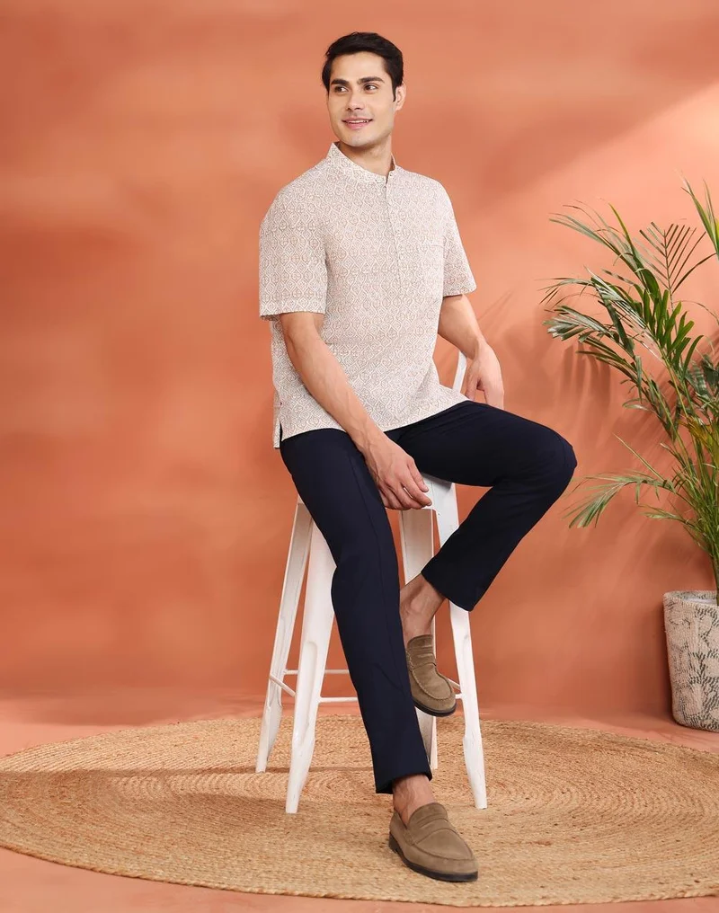 Fabindia  White Cotton Hand Block Printed Mid Placket Shirt for Men | Best Price UAE