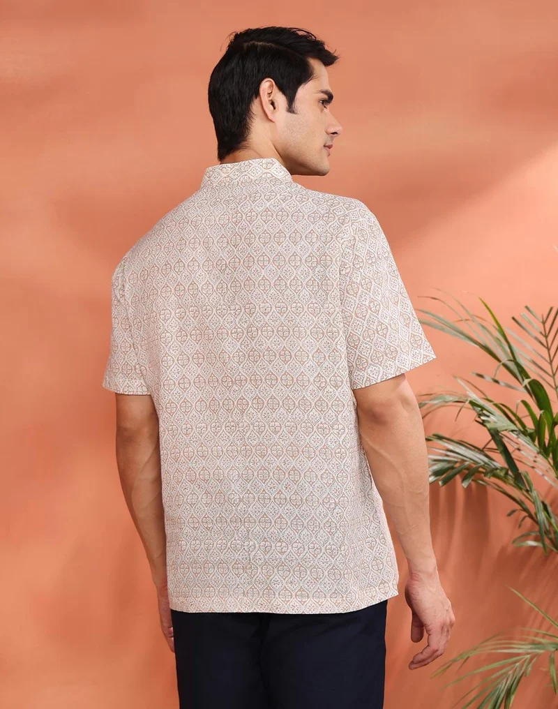 Fabindia  White Cotton Hand Block Printed Mid Placket Shirt for Men | Best Price UAE