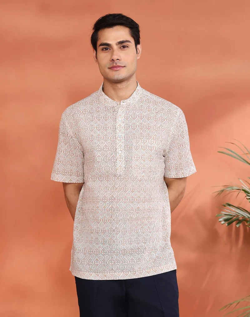 Fabindia  White Cotton Hand Block Printed Mid Placket Shirt for Men | Best Price UAE