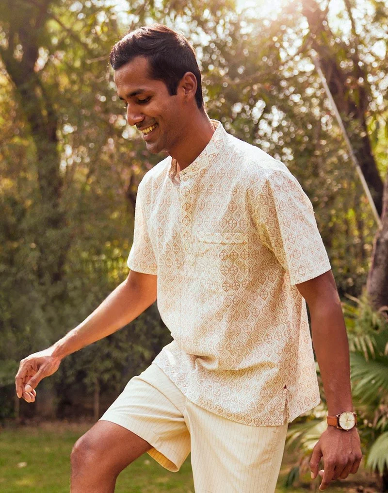 فاب انديا White Cotton Hand Block Printed Mid Placket Shirt