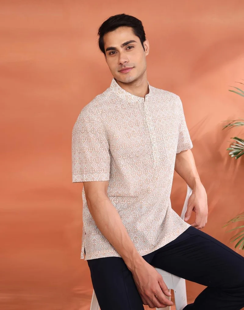 فاب انديا White Cotton Hand Block Printed Mid Placket Shirt