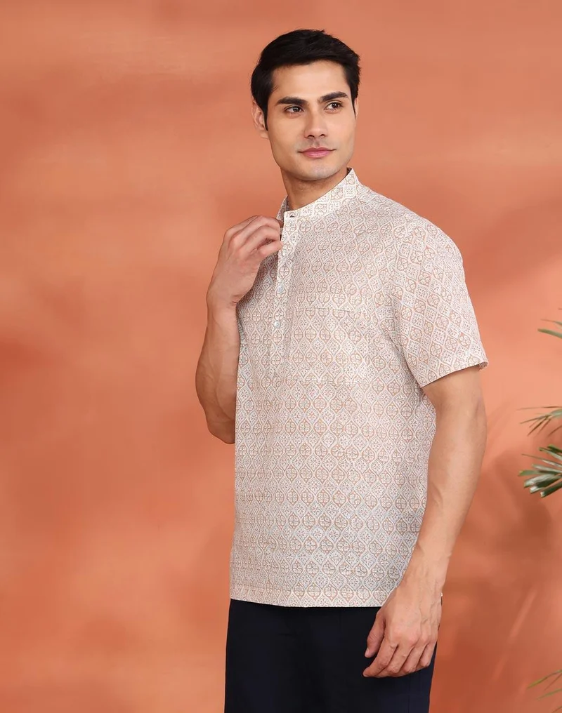 Fabindia  White Cotton Hand Block Printed Mid Placket Shirt for Men | Best Price UAE