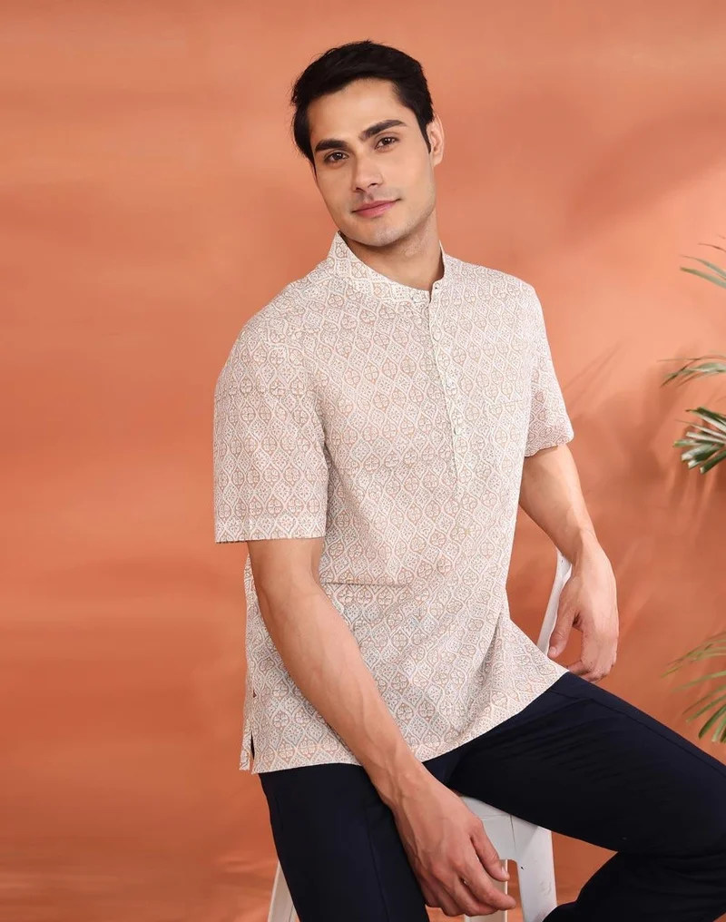 فاب انديا White Cotton Hand Block Printed Mid Placket Shirt