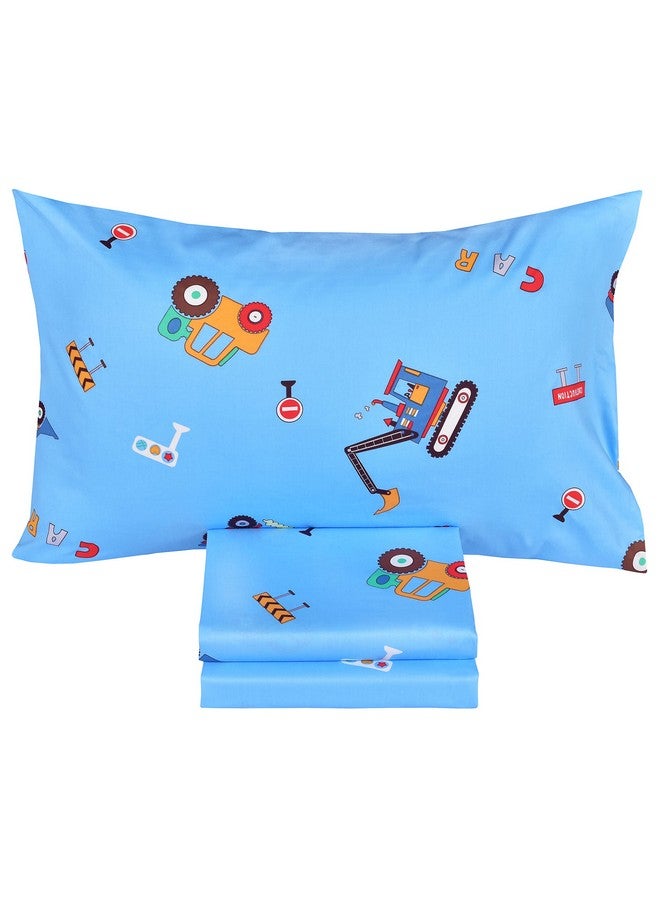 J-pinno Cars Vehicles Digger 100% Cotton 3 Pieces Cartoon Toddler Sheet Set for Kids Boys, Flat Sheet Fitted Sheet and Pillowcase, Cozy Breathable Unisex Nursery Crib Bedding Set (Blue Excavator) - Image 2