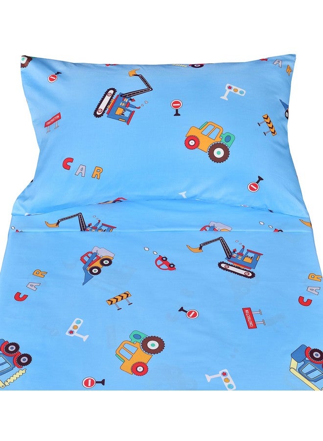 J-pinno Cars Vehicles Digger 100% Cotton 3 Pieces Cartoon Toddler Sheet Set for Kids Boys, Flat Sheet Fitted Sheet and Pillowcase, Cozy Breathable Unisex Nursery Crib Bedding Set (Blue Excavator) - Image 3