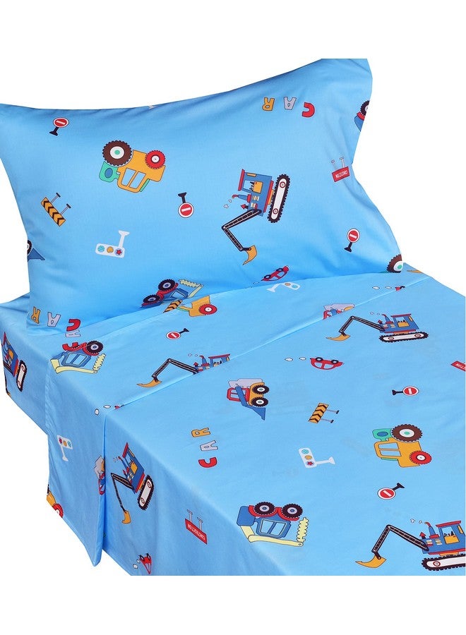 J-pinno Cars Vehicles Digger 100% Cotton 3 Pieces Cartoon Toddler Sheet Set for Kids Boys, Flat Sheet Fitted Sheet and Pillowcase, Cozy Breathable Unisex Nursery Crib Bedding Set (Blue Excavator) - Image 1