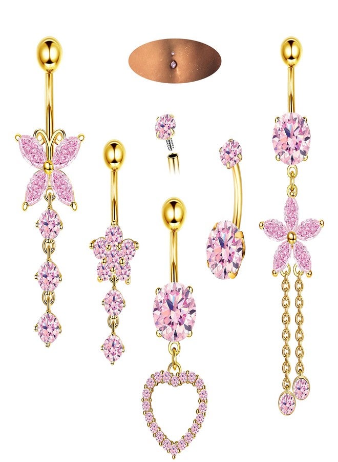 Drperfect 14G Belly Button Piercing Rings for Women - Surgical Stainless Steel with Cute CZ Flower, Butterfly, and Heart Designs -Belly Rings Dangle Navel Piercing Jewelry (Pink/Gold/Silver, metal, - Image 1