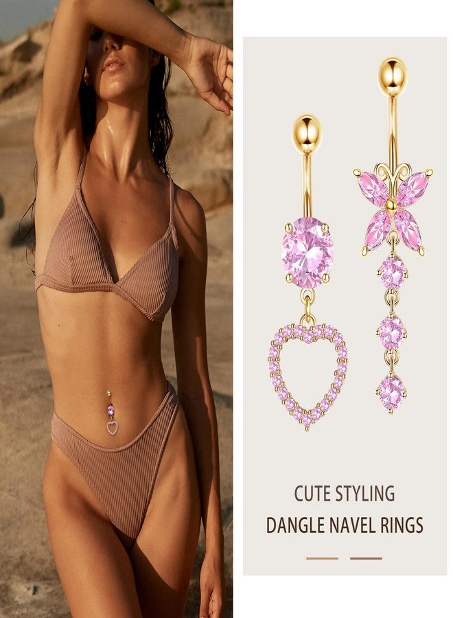 Drperfect 14G Belly Button Piercing Rings for Women - Surgical Stainless Steel with Cute CZ Flower, Butterfly, and Heart Designs -Belly Rings Dangle Navel Piercing Jewelry (Pink/Gold/Silver, metal, - Image 3