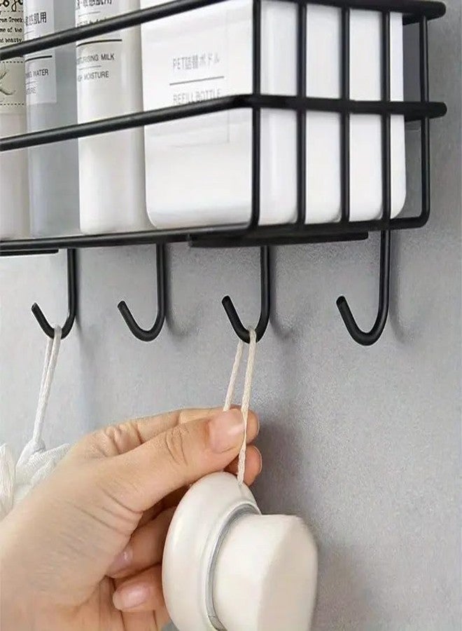 KYMIO Wall Mounted Bathroom Shelf with Hooks - Rustproof Black Shower Caddy Organizer for Toiletries, Shampoo, Conditioner, Body Wash - Space Saving Storage Rack for Bathroom, Kitchen & Toilet - Image 2