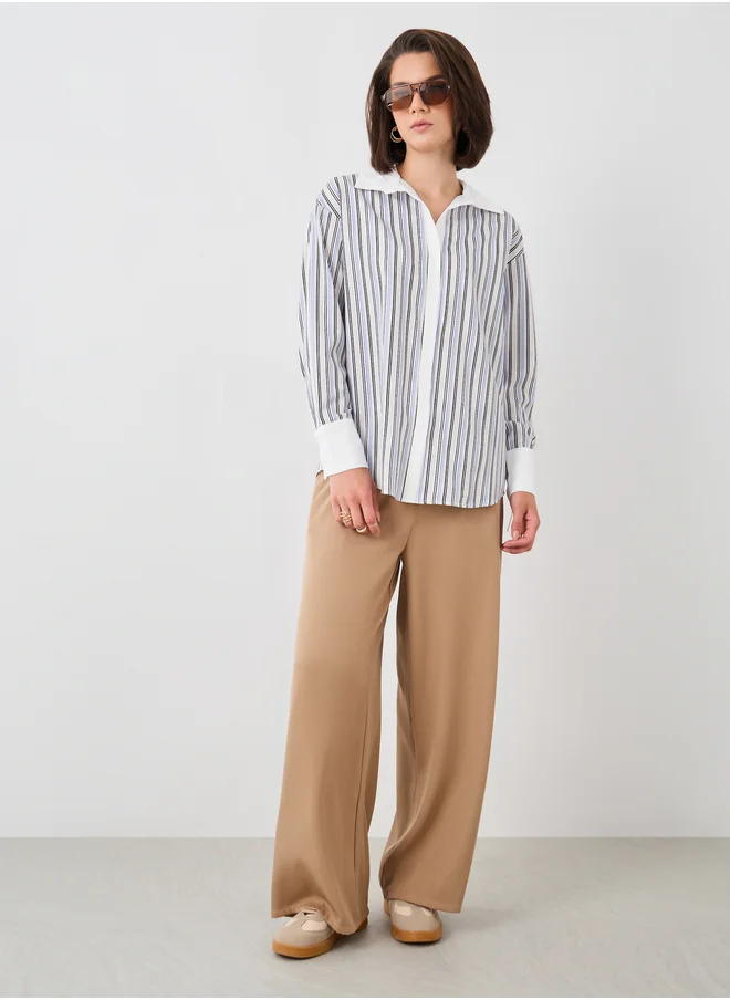تايك تو Take Two Striped Spread Collar Oversized Shirt