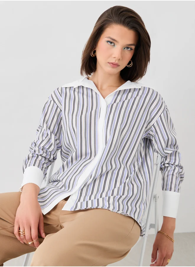 تايك تو Take Two Striped Spread Collar Oversized Shirt