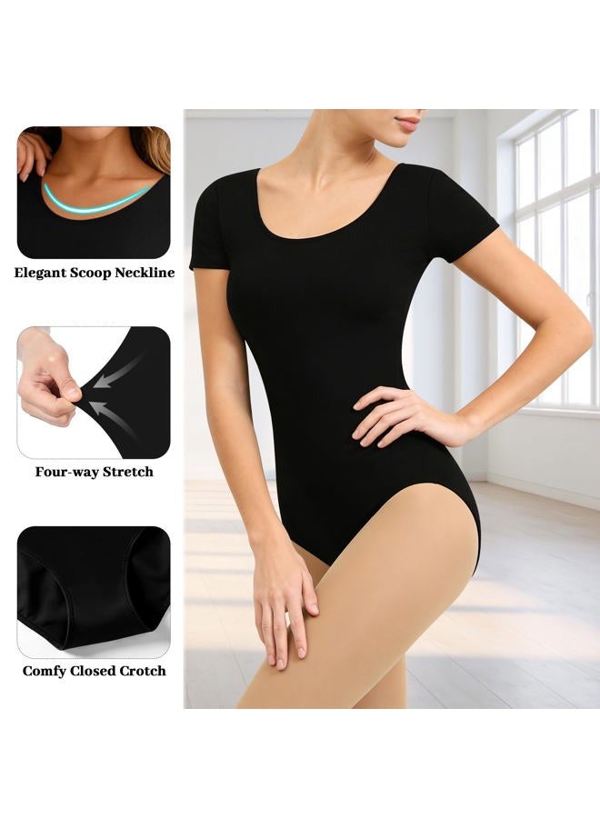 DANSHOW Women Short Sleeve Ballet Leotards for Adult Dance, Black, XL - Image 2