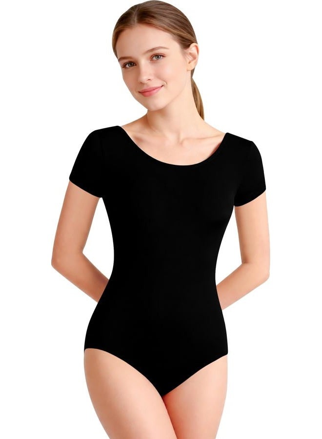 DANSHOW Women Short Sleeve Ballet Leotards for Adult Dance, Black, XL - Image 1